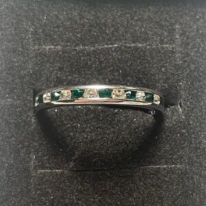 Silver tone eternity Band Ring with Green and Clear Stones